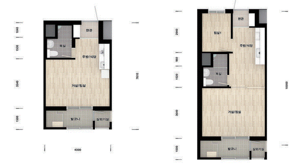 사진 왼쪽은 행복주택 원룸형 아파트로 전용면적 21㎡이고 오른쪽은 투룸형으로 전용 36㎡다. 행복주택은 60%가 원룸으로 공급되지만 투룸형과 월세 차이가 10만 원 안팎이라 투룸 수요 쏠림이 심하다.