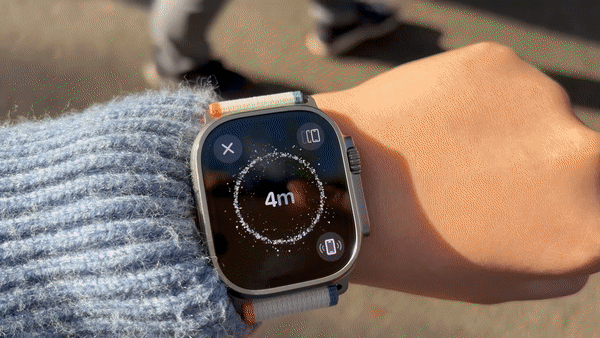 애플워치 울트라2에서는 기기 찾기 기능도 개선됐다. 기존에는 기기찾기 기능을 실행하면 아이폰에서 소리만 났는데, 이제는 아이폰과의 거리를 정확하게 표시해준다./사진=백유진 기자 byj@