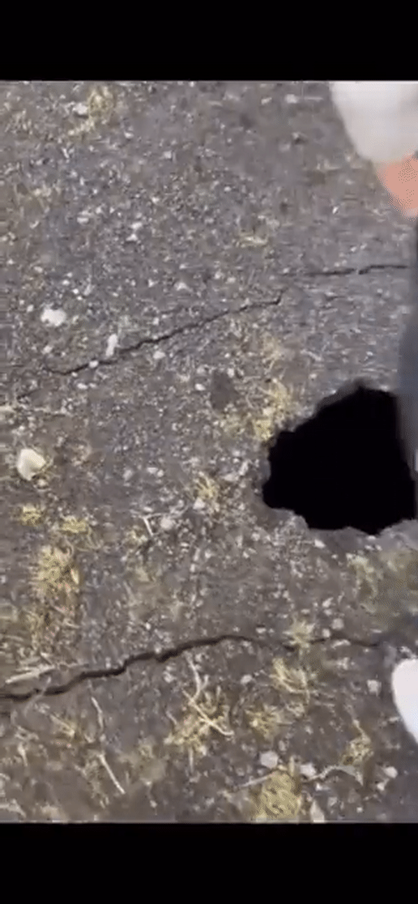 그린다비크 주변 도로에는 거대한 균열이 발생하기도 했다. 영상은 균열된 도로를 발로 차는 시민의 모습. /영상=X 캡처