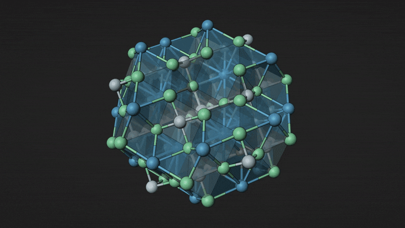 구글 딥마인드가 개발한 신소재 발굴 인공지능(AI) GNoME로 예측한 신소재 구조. 파란 점은 바륨, 회색 점은 니오븀, 녹색 점은 산소를 의미한다./재료프로젝트, 로렌스버클리국립연구소