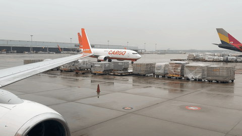 제주항공 화물기가 계류장으로 들어오고 있다. 2023.12.14/뉴스1 ⓒ News1 금준혁 기자