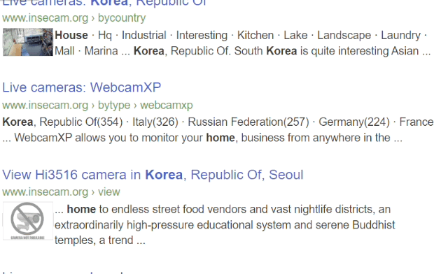 해외 IP캠 영상을 중계하는 해외 홈페이지 'insecam'에 올라온 영상들 목록. 중간중간 한국 서울, 구리, 부산에서 촬영된 것으로 보이는 영상들이 보인다 / 영상 = insecam 홈페이지