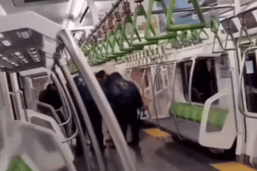 일본 도쿄 아키하바라역에 정차한 전철 안에서 20대 여성이 휘두른 흉기에 승객 4명이 다치는 사건이 발생했다. 흰 코트를 입은 가해자 여성이 경찰에 체포되는 모습. [X]