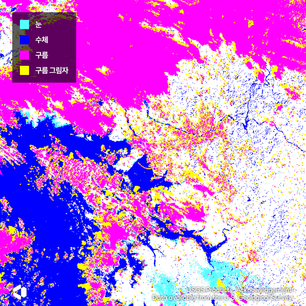 랜드샛-8호 위성영상(흑백)과 Fmask(마스크 펑션) 알고리즘의 결측탐지 결과(컬러). /나라스페이스 미국지질조사국