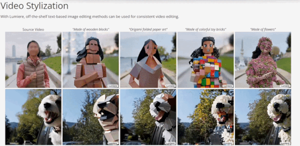 구글의 영상 생성 인공지능 모델 '루미에르'를 활용해 원본 영상을 여러 스타일로 바꾼 것. 가장 왼쪽이 원본 영상이다. (루미에르 공개 깃허브 갈무리) 2024.01.26 /뉴스1