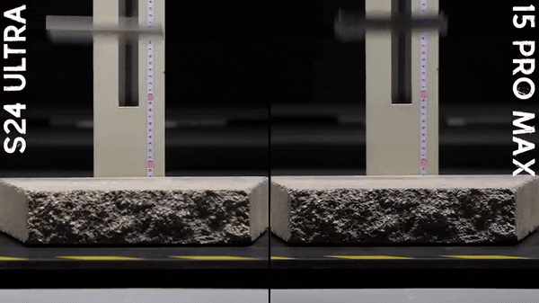 갤럭시S24 울트라와 아이폰15 프로 맥스의 낙하 테스트 영상이 공개됐다. (사진=폰버프 유튜브 @PhoneBuff)