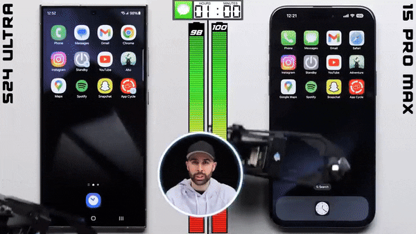 삼성전자 갤럭시S24 울트라와 애플 아이폰15 프로 맥스의 배터리 테스트 영상이 공개됐다. (영상=유튜브 폰버프)