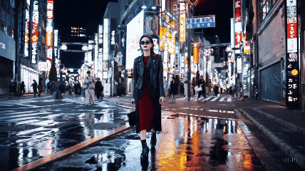 오픈AI가 16일 공개한 '텍스트-비디오 AI 모델' 소라의 결과물을 일부 편집한 영상. 오픈AI 제공  명령어: 한 세련된 여성이 따뜻하게 빛나는 네온사인과 움직이는 도시 간판으로 가득한 도쿄 거리를 걷고 있다. 검은색 가죽 자켓, 긴 빨간색 드레스, 검은색 부츠를 신고 검은색 지갑을 들고 있다. 선글라스와 빨간 립스틱을 착용하고 있다. 그녀는 자신감 있고 자연스럽게 걷는다. 길은 축축하고 반사되어 화려한 조명이 거울 효과를 만들어낸다. 많은 보행자가 걸어가고 있다.