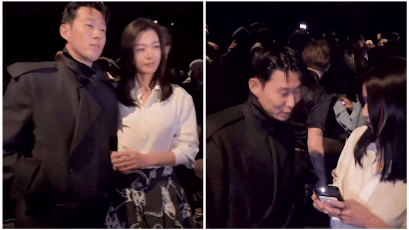 19일(현지시각) 영국 런던에서 열린 버버리 패션쇼에 참석한 손흥민, 전지현이 기자들을 위한 포토타임을 함께 하고 담소를 나누고 있다./X (엑스)