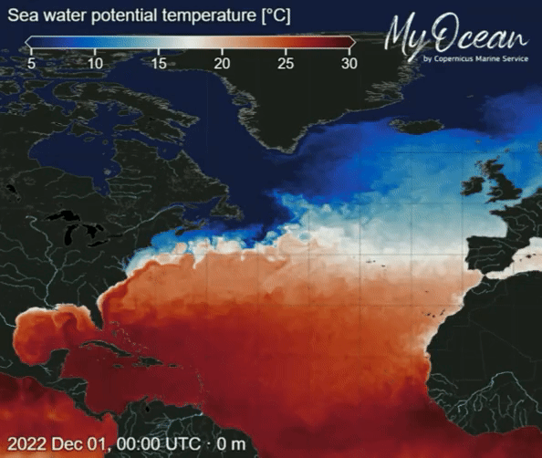 지구 관측위성의 데이터를 기반으로 한 걸프 스트림의 시각화. (출처: Copernicus)