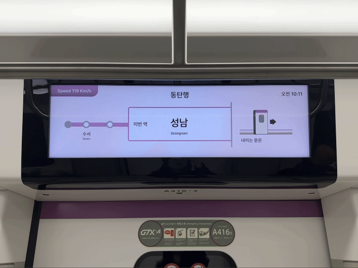 The sign above the GTX-A train door displays the current station, as well as speed and degree of congestion in real-time. [SEO JI-EUN]