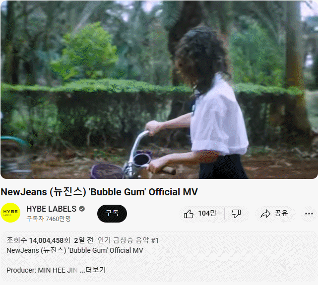 뉴진스 '버블검' 공식 뮤직비디오 조회수가 29일 1400만회를 넘어섰다. /영상=하이브 레이블스 유튜브 계정 캡처