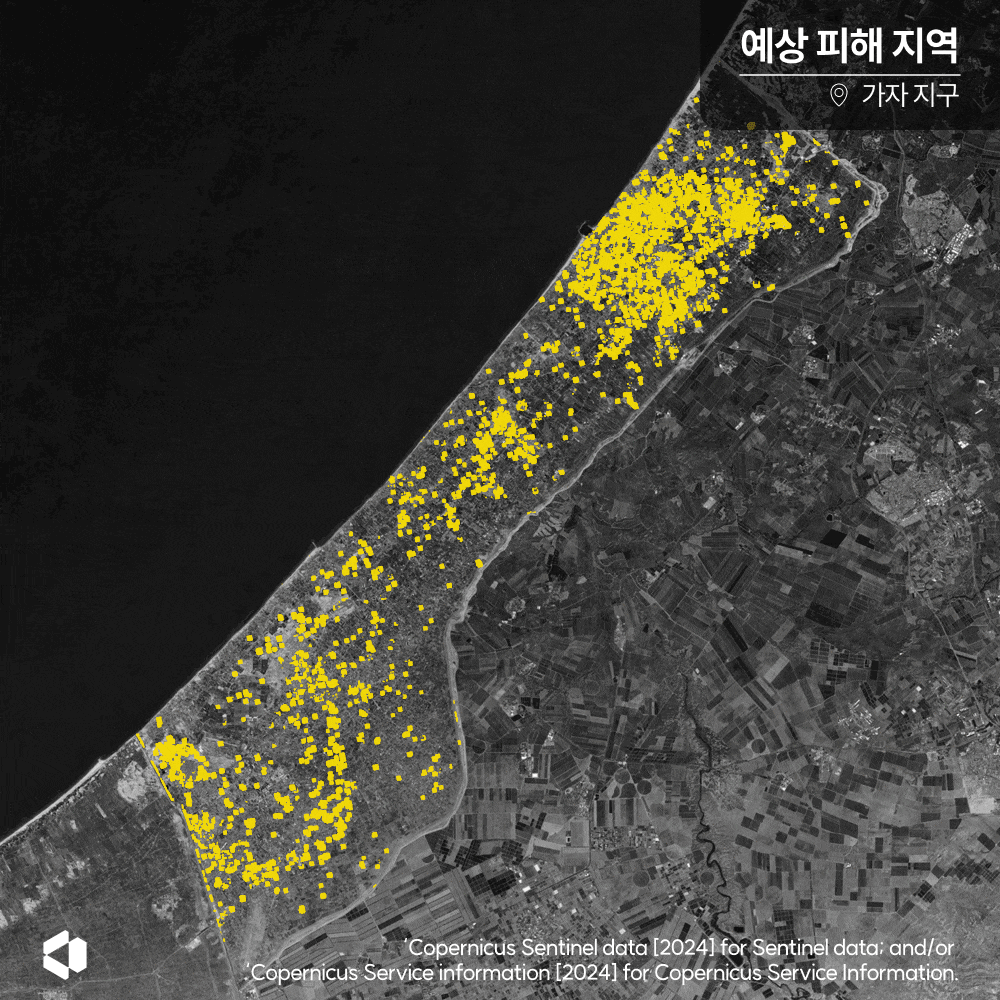 합성개구레이더(SAR) 위성 영상을 이용해 피해지 분석을 수행한 결과, 가자 지구에 구성된 난민 캠프 위치들이 피해지로 추정된다. 지난 4월 22일 기준으로 가자 지구의 전체 면적의 33%에 이르는 면적이 피해를 본 것으로 파악된다. 노란점은 건물 밀집도가 크게 떨어진 지역./ESA 나라스페이스