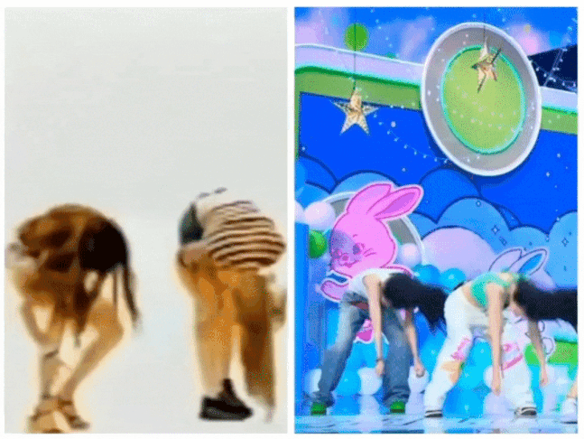 뉴진스의 ‘Attention’의 히트 안무인 '머리 쓸어올리기' 안무 동작과 멕시코 걸그룹 진스의 과거 영상이 비교되고 있는 모습. 온라인 커뮤니티