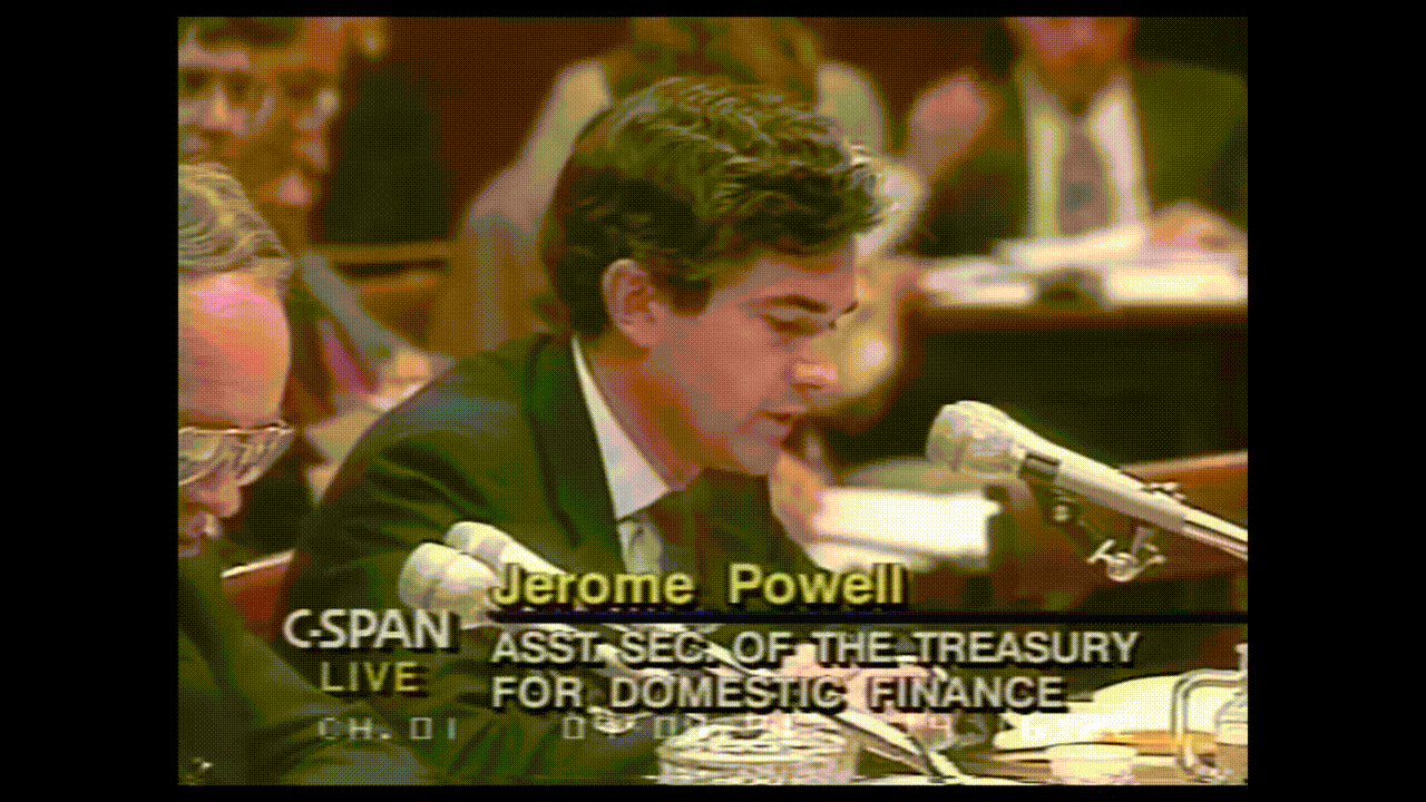 미국 재무부 차관보이던 1991년 살로몬브라더스 관련 의회 청문회에 참석한 제롬 파월 영상. [C-SPAN 캡처]
