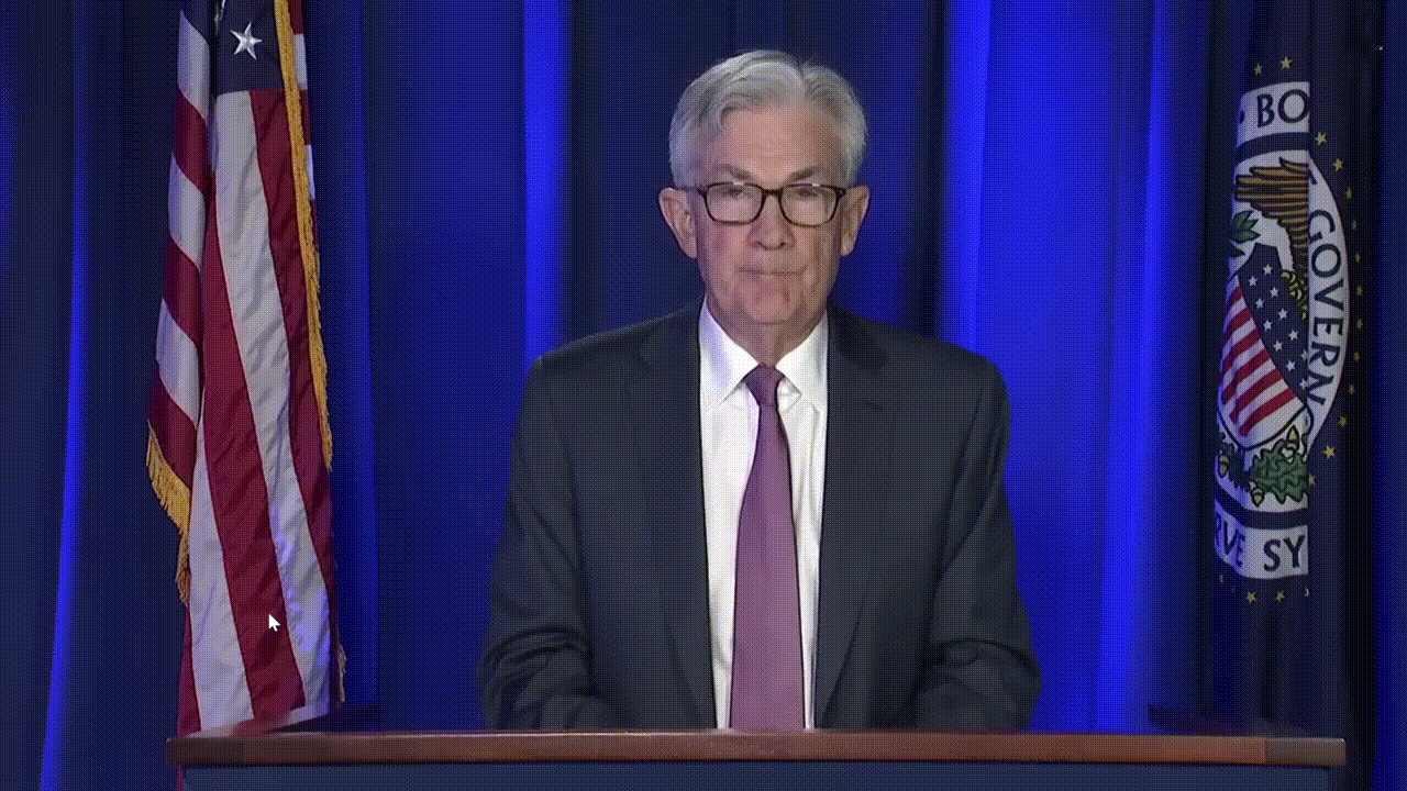 제롬 파월 연방준비제도 의장이 2022년 3월 16일(현지시간) 연방공개시장위원회(FOMC) 회의 후 기자회견에서 기준금리 인상을 발표하고 있다. [연방준비제도 유튜브 캡처]