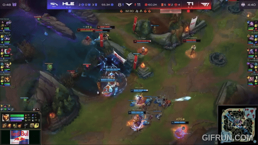 '달리이트'가 과감한 'Q플'로 트리스타나를 기절시켰고, 요네의 스킬까지 연계되며 상대 둘을 잡는다(이미지=LCK 공식 유튜브 발췌).