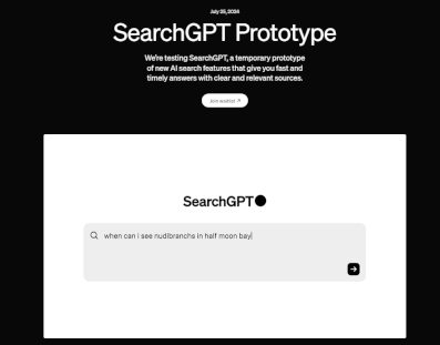 검색GPT 프로토타입을 알린 오픈AP 홈페이지 갈무리