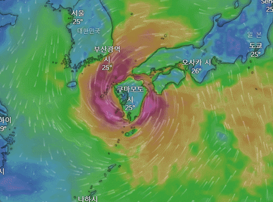 29일 오후 9시 기준 제10호 태풍 ‘산산’(SHANSHAN)의 위치. /실시간 기상 정보 사이트 윈디