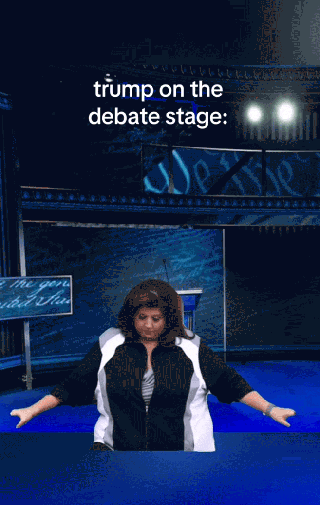 지난 10일 밤 대선 후보들의 첫 TV 토론이 끝난 직후 게재된 6초짜리 틱톡 영상의 일부. '토론장에서의 트럼프'라는 상황설명이 사진 상단에 적혀 있다. 영상 속 여성이 "돌아올 준비가 되었다고 생각했다. 이보다 강하다고 생각했지만 분명히 그렇지 않았다. 집에 가고 싶다"라고 말한다. 트럼프가 토론에서 큰 성과를 내지 못해 좌절했을 것이라는 조롱이 담긴 밈이다. /틱톡