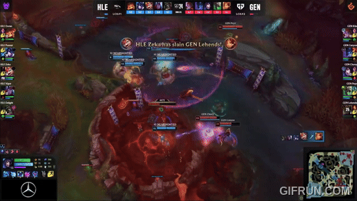 '캐니언' 김건부와 '기인' 김기인이 상대 진형을 무너트렸고, '페이즈' 김수환이 기회를 놓치지 않고 트위치로 편하게 딜을 한다(이미지=LCK 공식 유튜브 발췌).