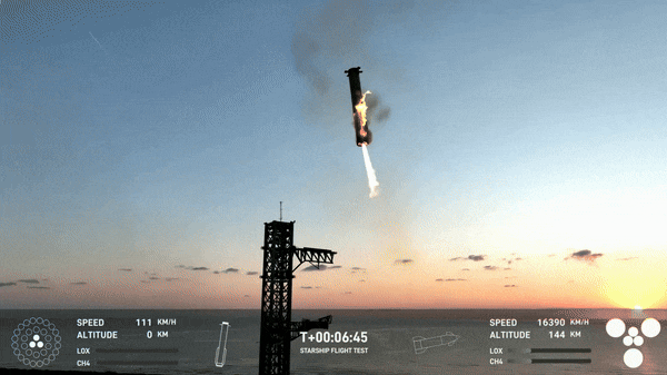 13일(현지시각) 스페이스X 스타십 슈퍼헤비가 지구에 수직 착륙하는 장면. 발사탑의 젓가락 팔로 1단 슈퍼헤비 로켓을 잡고 있다. /X