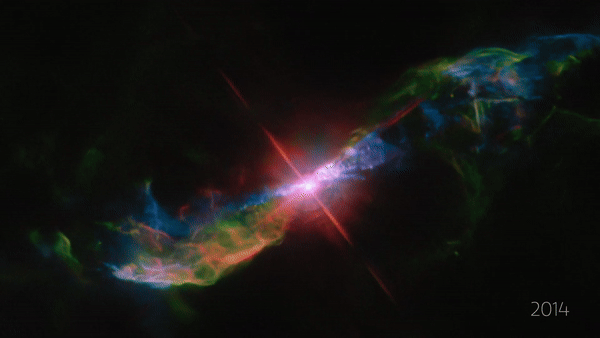 물병자리 R 천체를 허블우주망원경으로 2014년부터 2023년까지 관측한 타임랩스 이미지. NASA, ESA, Matthias Stute , Margarita Karovska , Davide De Martin , Mahdi Zamani , N. Bartmann