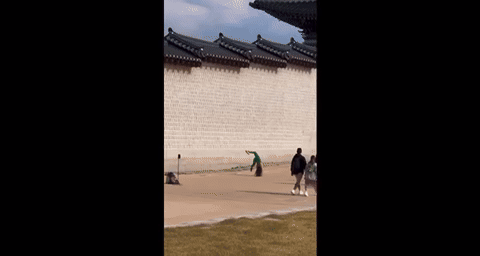 경복궁을 찾은 한 베트남 관광객이 돌담 앞에서 요가를 해 논란이 일었다. 영상은 당시의 모습. /영상=VN익스프레스 캡처