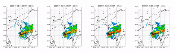 초단기 강수예측 모델 별로 분석한 저기압형 강수. 2시간 과거 데이터 입력·커리큘럼 학습을 거친 개선 모델(맨 오른쪽)이 동해안 지역에 대해 더 정확한 강수 강도를 보이고 저기압의 형태를 제대로 유지하고 있다.기상청 제공