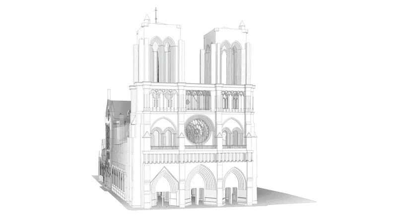파리 노트르담 대성당의 다양한 층을 컴퓨터로 분석한 단면도. /파리 노트르담 재건단