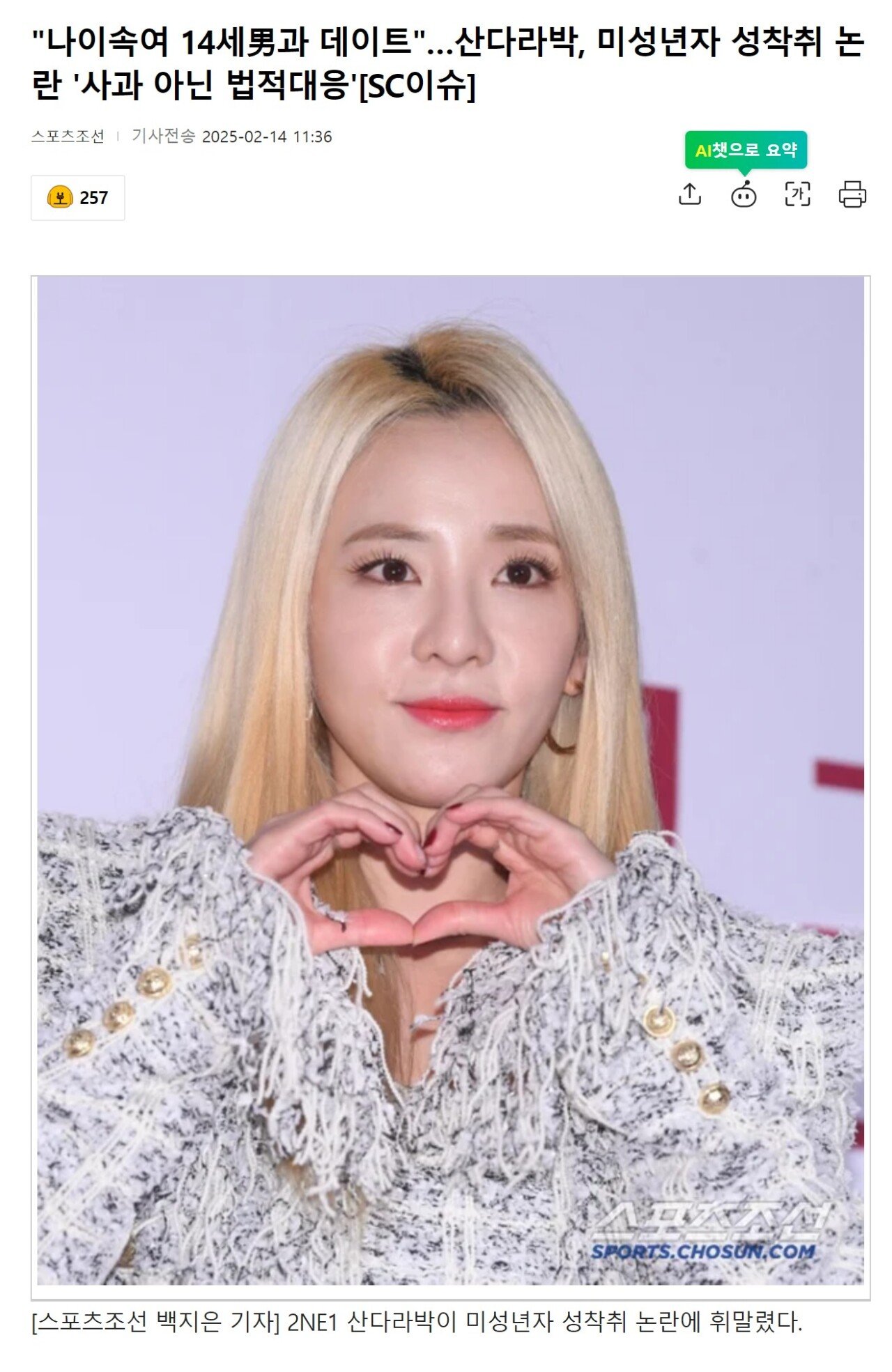 "나이속여 14세男과 데이트"…산다라박, 미성년자 성착취 논란 '사과 아닌 법적대응' 에펨코리아