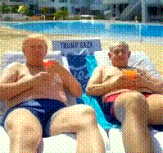 트럼프 대통령과 네타냐후 이스라엘 총리가 해변에서 칵테일을 즐기고 있는 모습. 트럼프가 자신의 소셜미디어를 통해 공개한 AI 영상 중 일부 장면이다. /트루스소셜