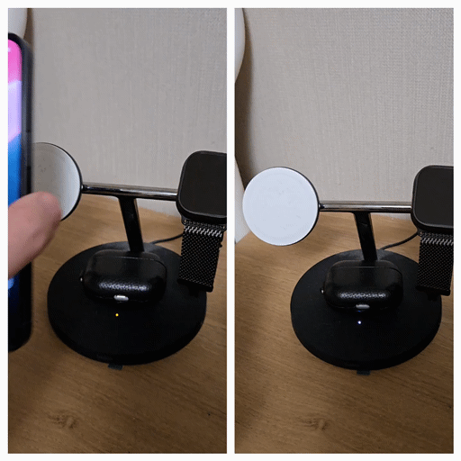 아이폰16e(왼쪽)와 아이폰15 프로 맥스를 맥세이프 충전기에 부착하는 모습. 아이폰16e는 맥세이프를 미지원해 충전기 사용이 불가하나, 아이폰15 프로 맥스는 곧바로 무선 충전이 시작되고 있다. (사진=윤현성 기자) *재판매 및 DB 금지