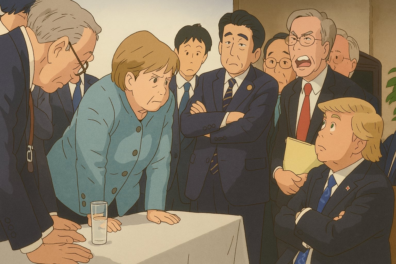 오픈AI의 '챗GPT-4o 이미지 생성'(ChatGPT-4o Image Generation) 모델로 '스튜디오 지브리'의 스타일을 모방해 제작한 도널드 트럼프 미국 대통령, 앙겔라 메르켈 독일 총리, 아베 신조 일본 전 총리 등이 포함된 이미지. /레딧 캡처