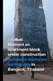 28일(현지시간) 오후 12시 50분경 미얀마 중부 내륙에서 규모 7.7의 지진이 발생했다. 이후 인접국인 태국 방콕의 한 건설 현장에서 아파트가 무너져 내렸다. 영상은 방콕 건설 현장에서 30층 높이 아파트가 무너져내리는 모습. 엑스 캡처