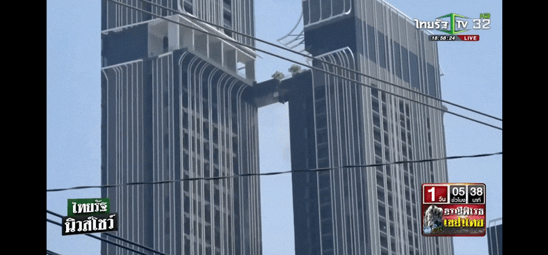 미얀마에서 발생한 7.7 강진으로 인해 태국 방콕의 건물이 흔들렸을 당시, 한 한국인 남성이 아내와 딸이 있는 다른 건물로 이동하기 위해 무너지는 고층 빌딩 연결 다리를 뛰어넘는 모습이 공개돼 화제를 모았다. [사진=유튜브 채널 '타이라스 TV'/온라인 커뮤니티]