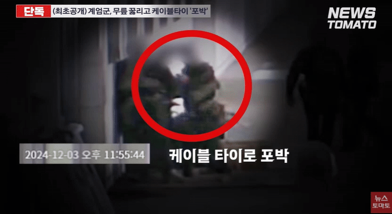 지난해 12월 3일 밤 계엄군이 케이블타이로 기자를 포박하려는 모습. /영상=뉴스토마토 유튜브 채널