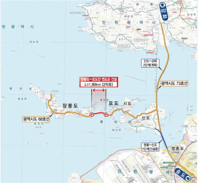 인천시 옹진군 장봉도~모도 연도교 위치도. 자료제공=인천시