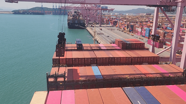 부산신항 3부두에서 컨테이너 하역작업이 이뤄지고 있다./사진=도다솔 기자