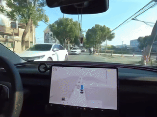 테슬라 운전자가 중국의 한 시골 도로에서 완전자율주행(FSD) 모드로 주행하고 있다. 좁은 도로에서 오토바이가 지나가려 하자 차량이 멈추는 모습. /Aaron Li X