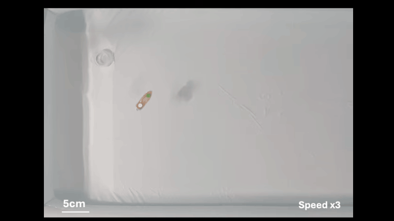 스위스 로잔연방공대(EPFL) 연구진이 개발한 길이 5㎝의 모터 보트 형태 로봇이 물 위에서 이동하고 있다. EPFL 제공