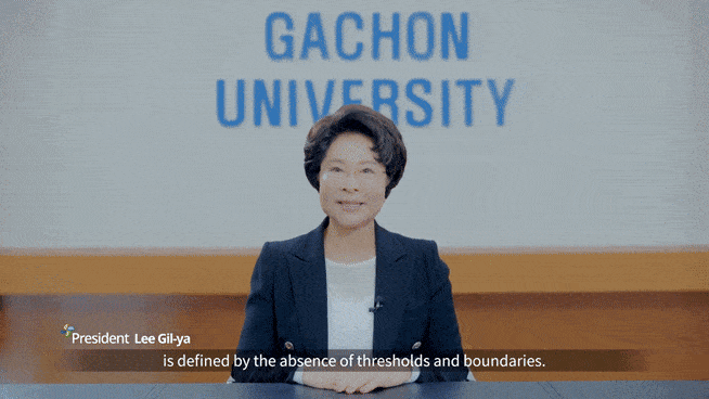 Lee Gil-ya, president of Gachon University, talks in a recent promotional video posted on the university’s official YouTube channel. (YouTube)