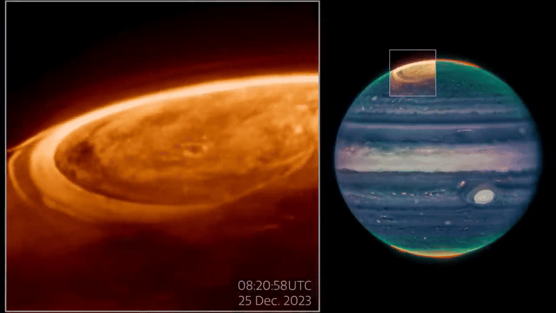 미국항공우주국(NASA)에서 공개한 목성의 오로라 관측 결과물. NASA, ESA, CSA, STScI