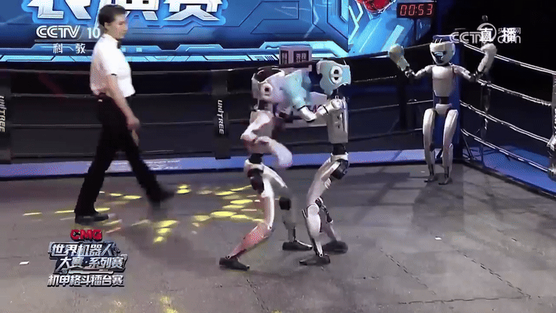 휴머노이드가 중심을 잃고 쓰러지거나, 심판을 향해 공격 준비를 하는 실수도 종종 포착됐다. /CCTV 과학교육채널 제공