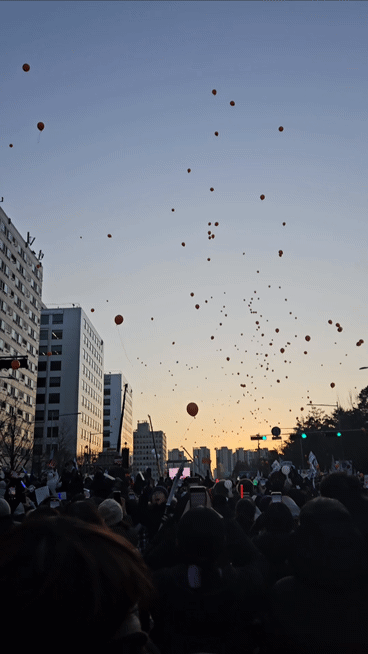 지난해 12월14일 국회에서 탄핵안이 가결된 직후 시민들이 환호하는 가운데 여의도 상공 위로 시민단체가 쏘아올린 풍선들이 날아오르고 있다. / 사진=유지은씨