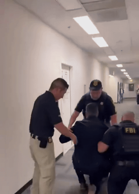 알렉스 파딜랴 미국 상원의원이 12일(현지시간) 캘리포니아주 로스앤젤레스 연방정부 청사에서 열린 크리스티 놈 국토안보장관 기자회견장에 들어가 질문을 던졌다가 미연방수사국(FBI) 요원에 의해 제지당하고 있다. 엑스 갈무리