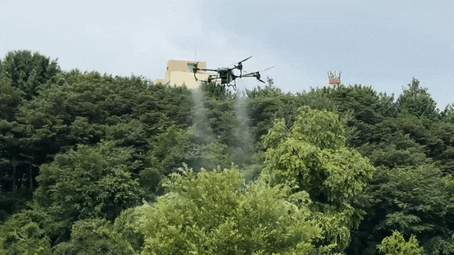 17일 오전 10시 30분 서울 강남구 대치동 하천변 둔치에서 모기 퇴치 드론이 방역을 하고 있다. /이호준 기자