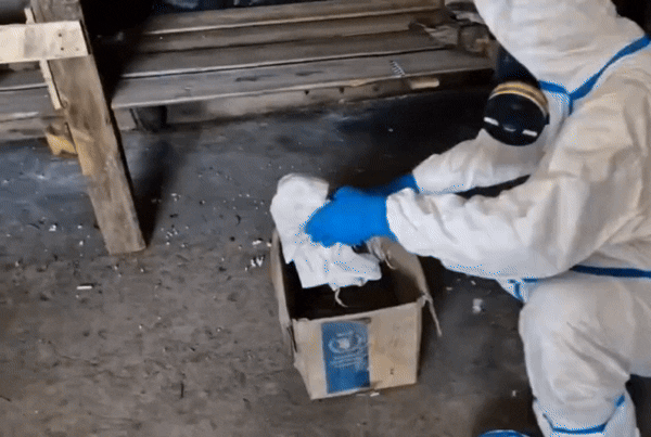 4일(현지시간) 독일과 네덜란드 정보당국은 보고서에서 러시아군이 우크라이나 전장에서 화학무기금지협약(CWC)으로 금지된 독성 물질 ‘클로로피크린’을 관행적으로 사용하고 있다고 지적했다. 사진은 지난 1일 러시아 연방보안국(FSB)이 우크라이나 동부 도네츠크에서 우크라이나군이 드론용 클로로피크린 장전 폭발물을 제조하는데 사용한 비밀 무기고를 발견했다며 공개한 동영상 일부. 2025.7. 5 텔레그램 외