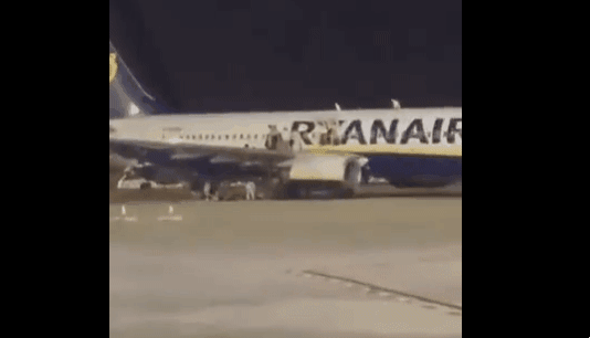 지난 4일(현지시간) 스페인에서 출발해 영국 맨체스터로 향할 예정이던 라이언에어 항공기에서 화재 경보가 울려 긴급 대피하는 승객들. 엑스 캡처