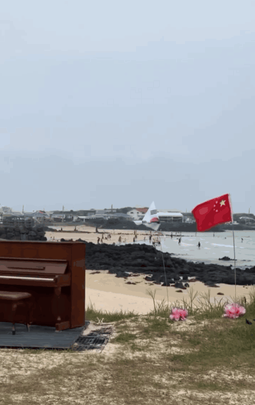 우도에서 발견된 오성홍기를 촬영한 영상이 SNS에 올라왔다. 깃발 아래 연꽃과 목단, 피아노가 놓여 있고 중국인 관광객들은 이를 배경으로 사진을 찍었다. (영상=스레드)